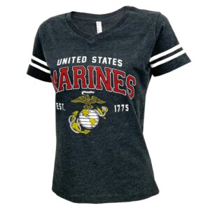 a dark gray US Marine Corps women's t-shirt with striped sleeves and a large vintage-look EGA