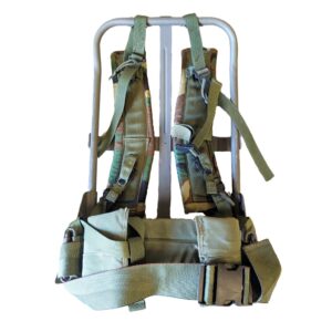 a US military ALICE pack field frame with M81 woodland camouflage straps and olive drab waist strap