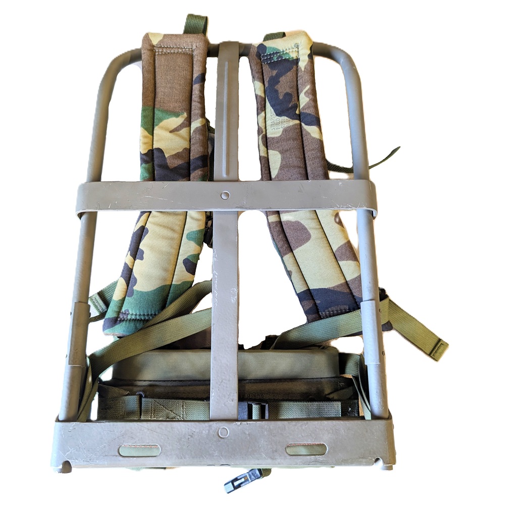 a US military ALICE pack field frame with M81 woodland camouflage straps and olive drab waist strap
