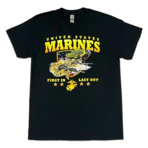 black Marines rush short sleeve t-shirt with Marines and amphibious assault vehicles