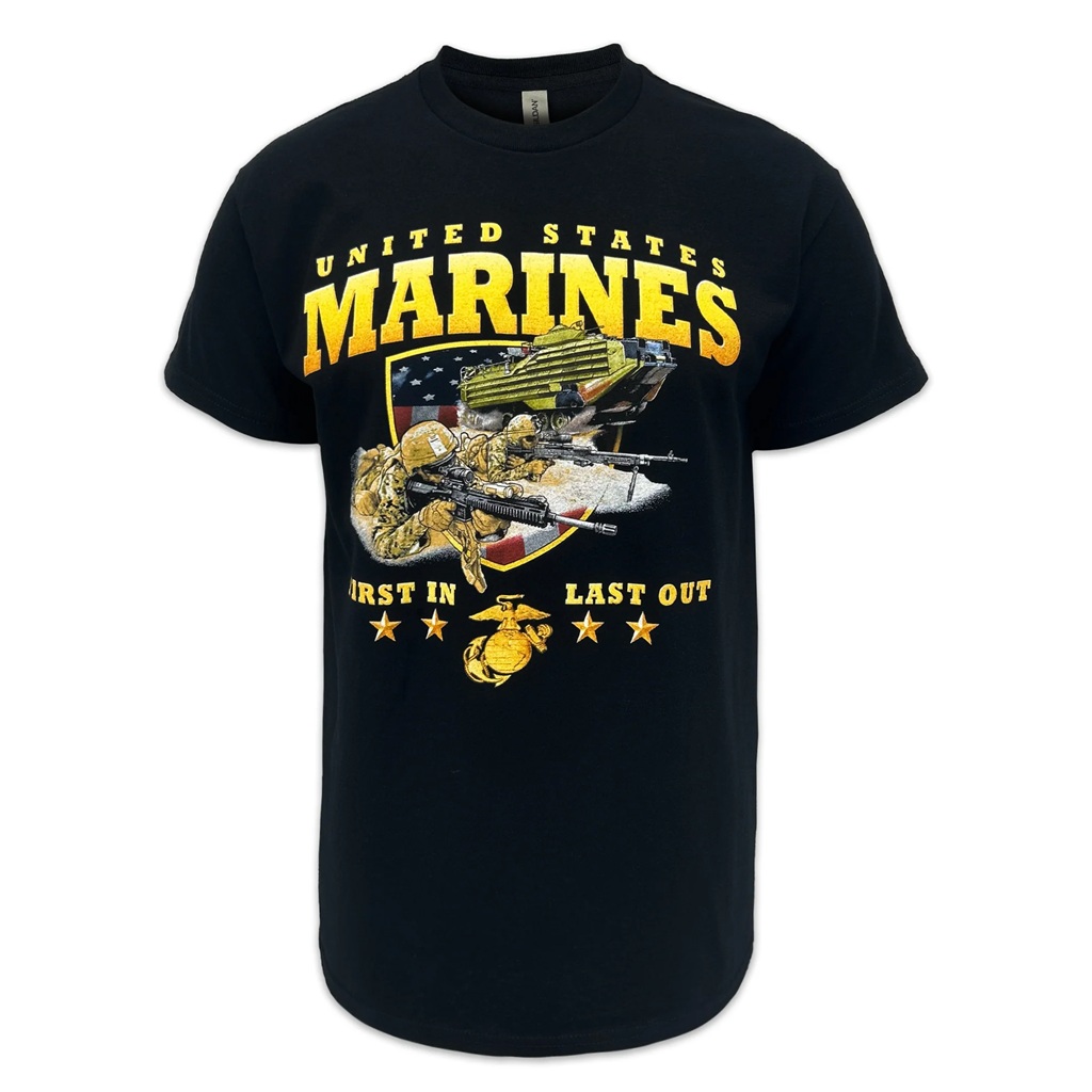 black Marines rush short sleeve t-shirt with Marines and amphibious assault vehicles