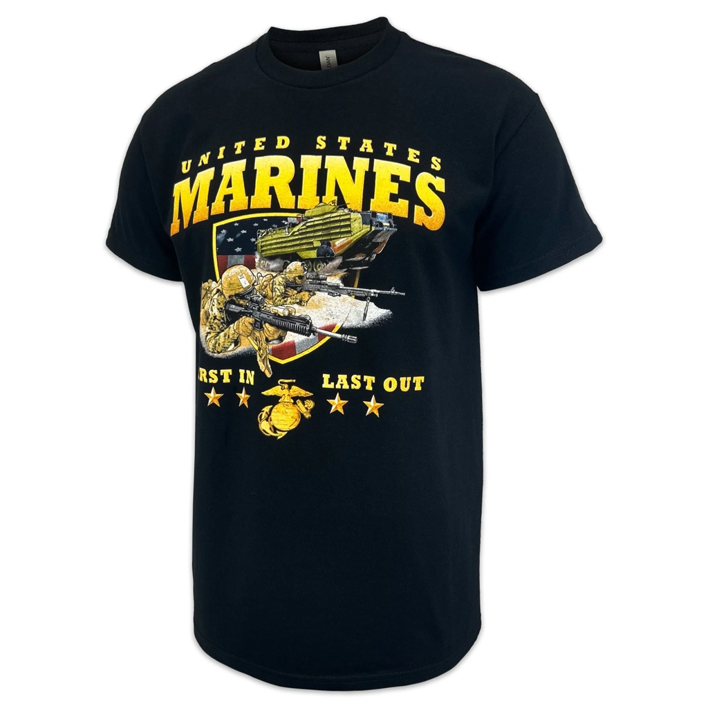 black Marines rush short sleeve t-shirt with Marines and amphibious assault vehicles