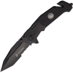 a black, spring-assisted US Marine Corps pocket / rescue knife