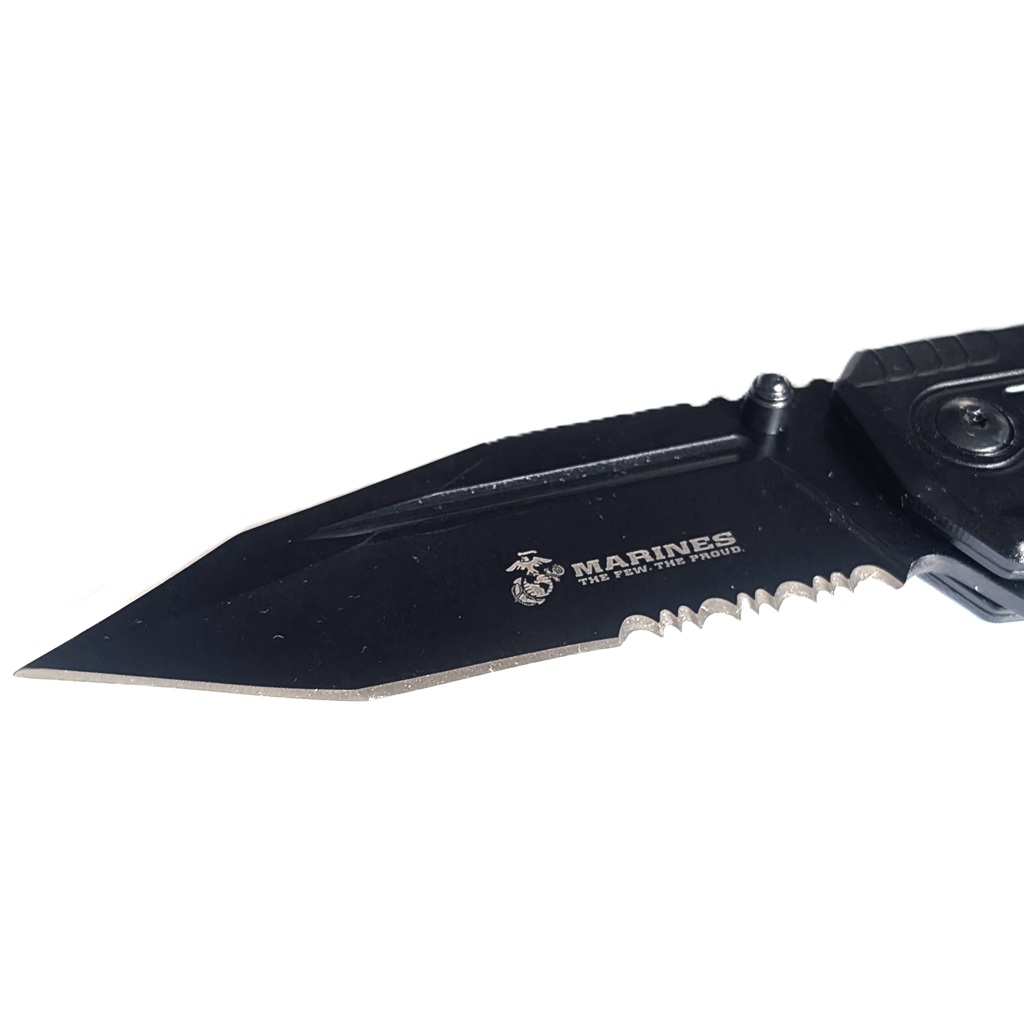 a black, spring-assisted US Marine Corps pocket / rescue knife
