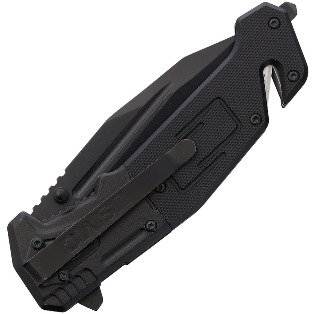 a black, spring-assisted US Marine Corps pocket / rescue knife