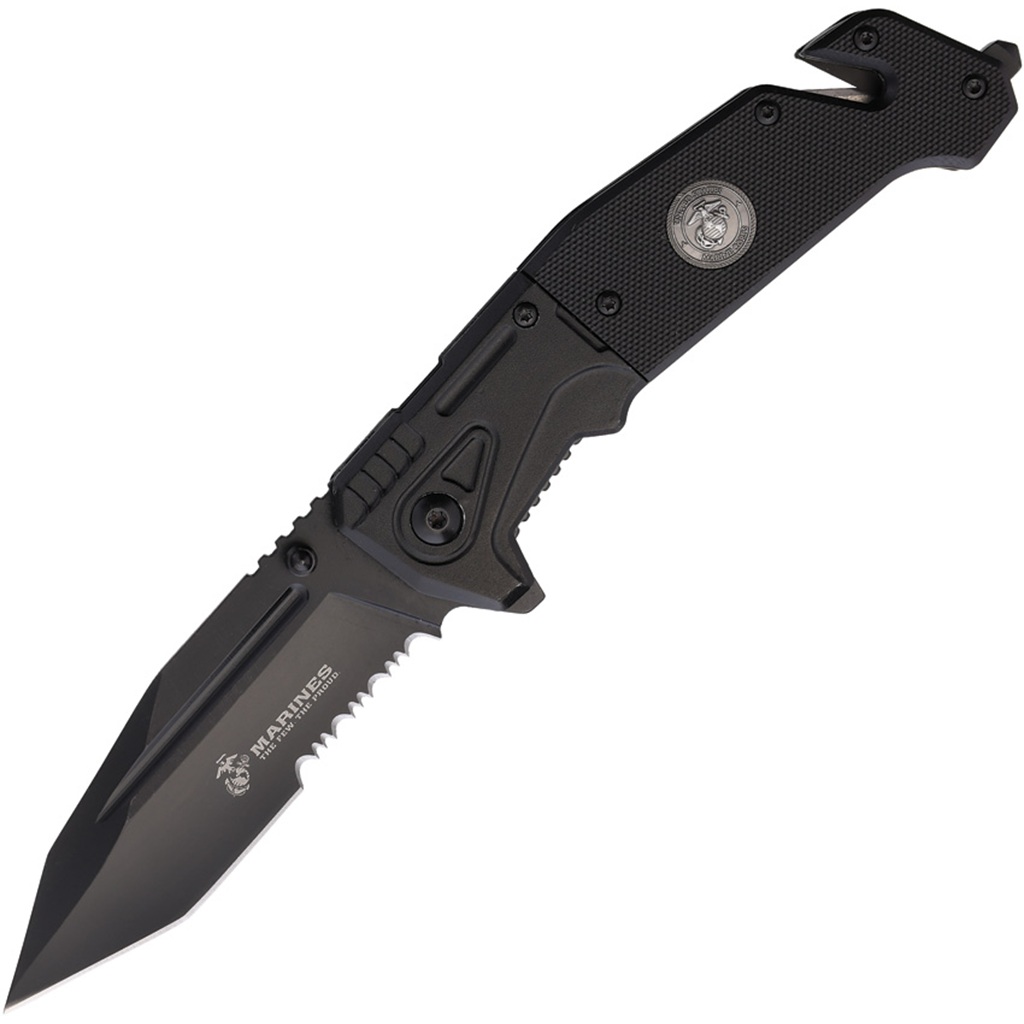 a black, spring-assisted US Marine Corps pocket / rescue knife