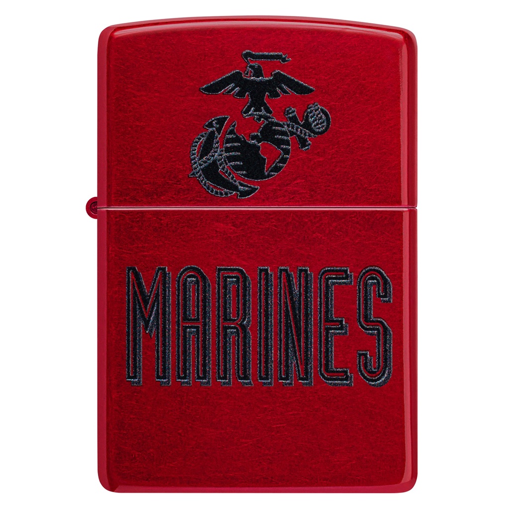 a cherry red US Marine Corps zippo lighter with an EGA