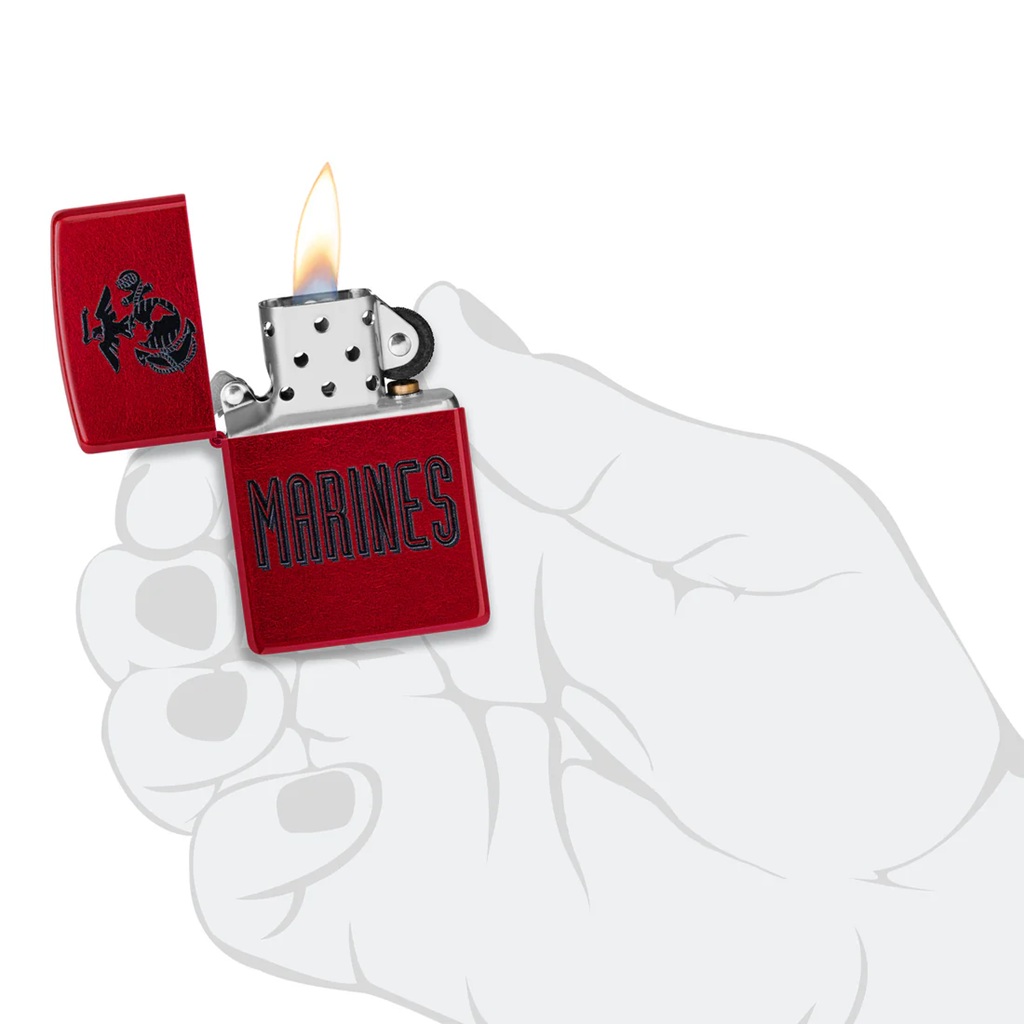a cherry red US Marine Corps zippo lighter with an EGA