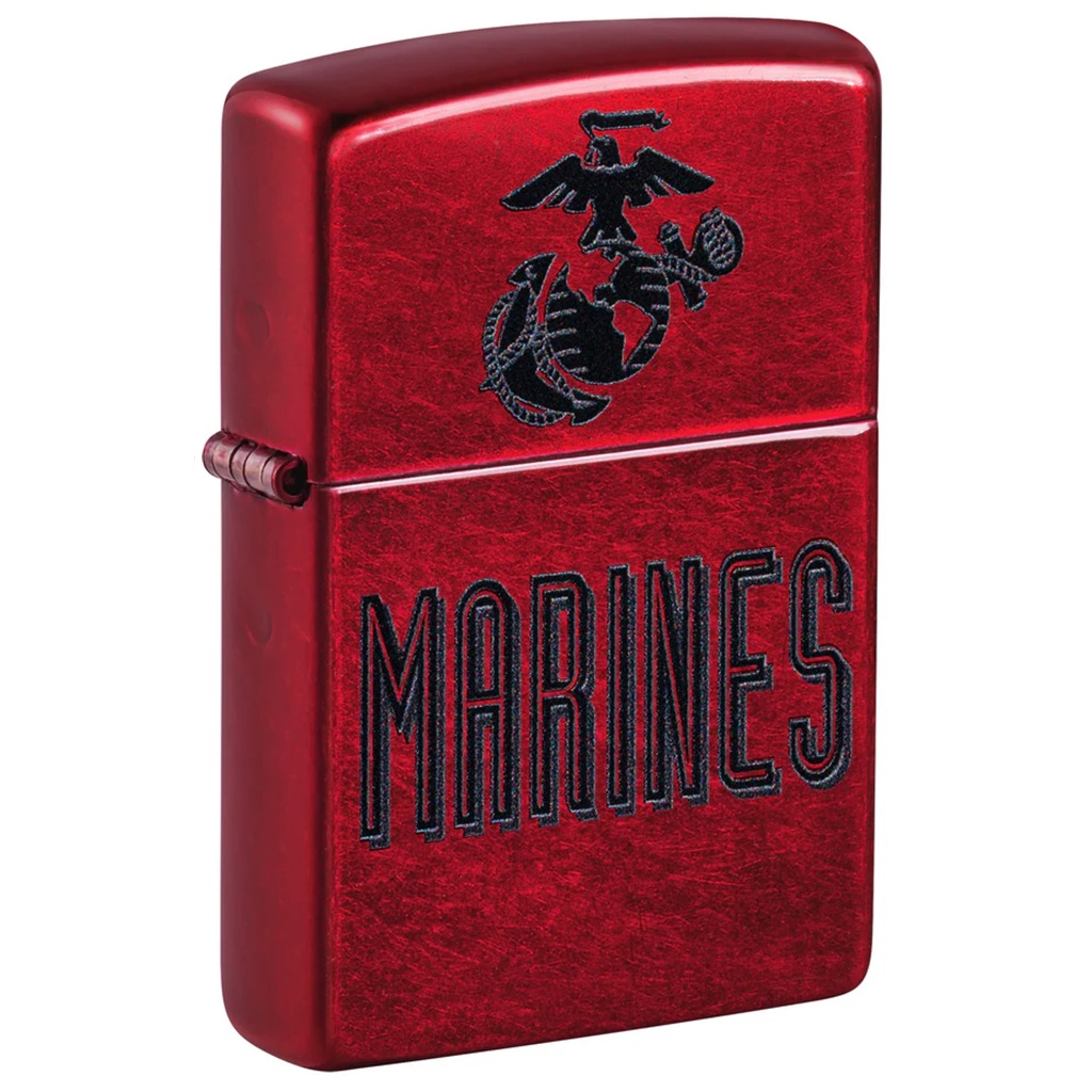 a cherry red US Marine Corps zippo lighter with an EGA