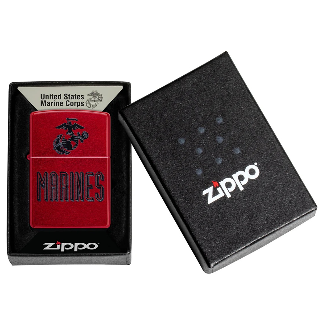 a cherry red US Marine Corps zippo lighter with an EGA
