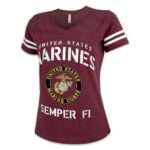 a burgundy-colored United States Marines v-neck women's shirt with striped sleeves