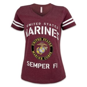 a burgundy-colored United States Marines v-neck women's shirt with striped sleeves