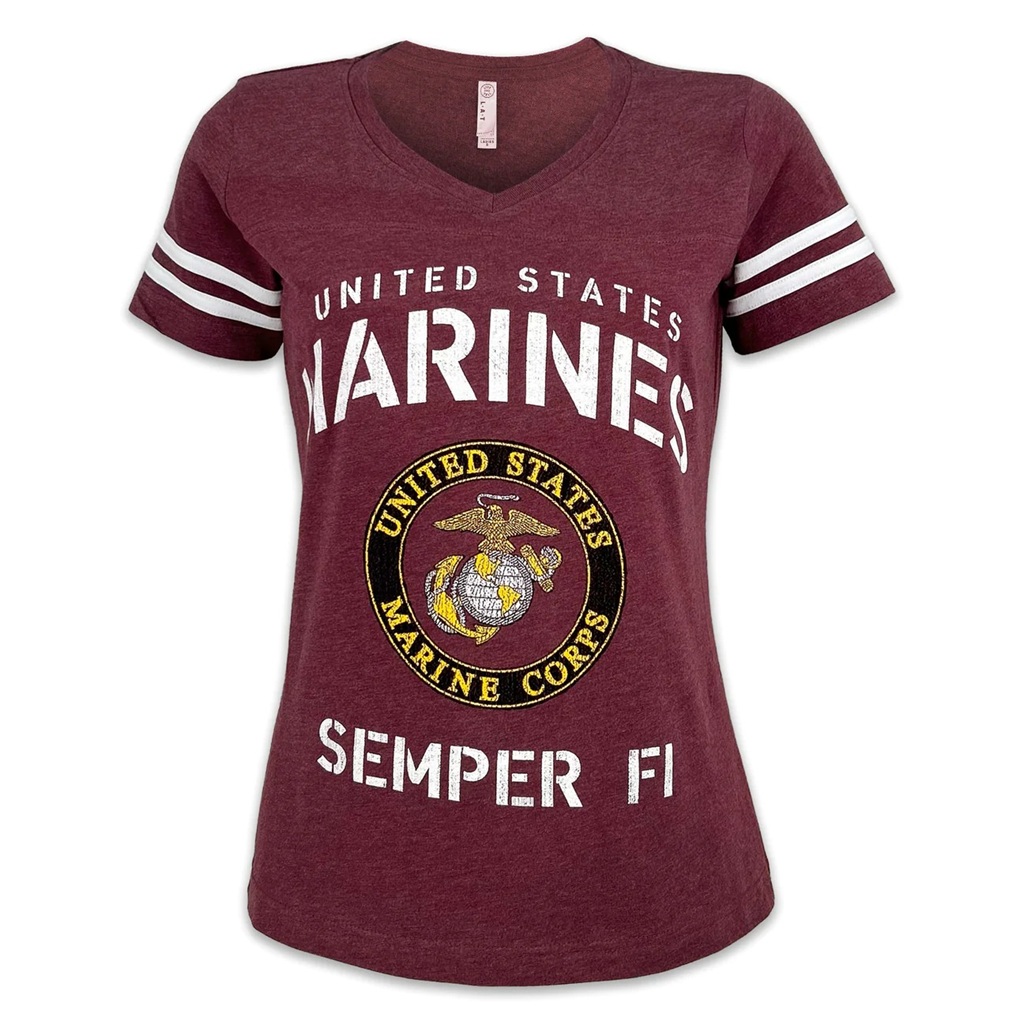 a burgundy-colored United States Marines v-neck women's shirt with striped sleeves