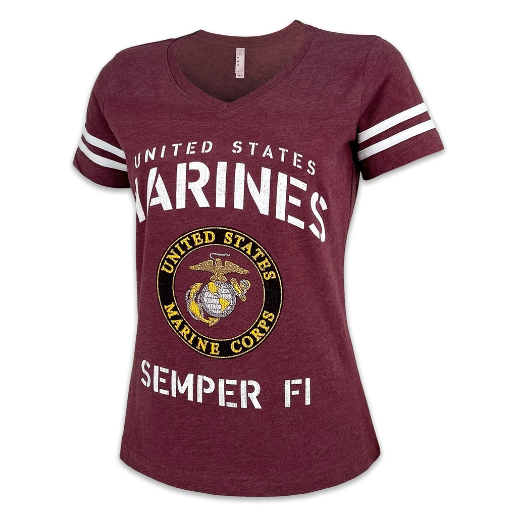 a burgundy-colored United States Marines v-neck women's shirt with striped sleeves