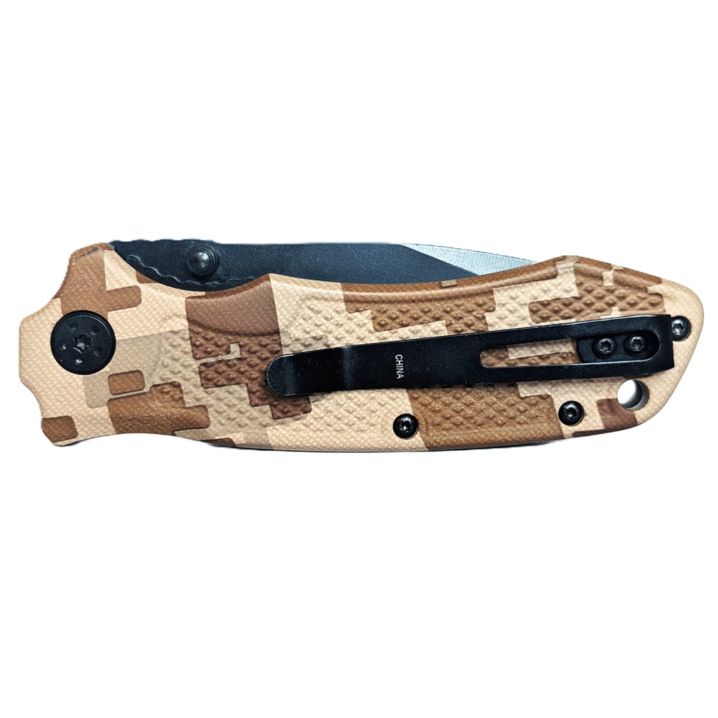 a US Marine Corps 250th anniversary commemorative pocket knife in desert MARPAT with a black blade