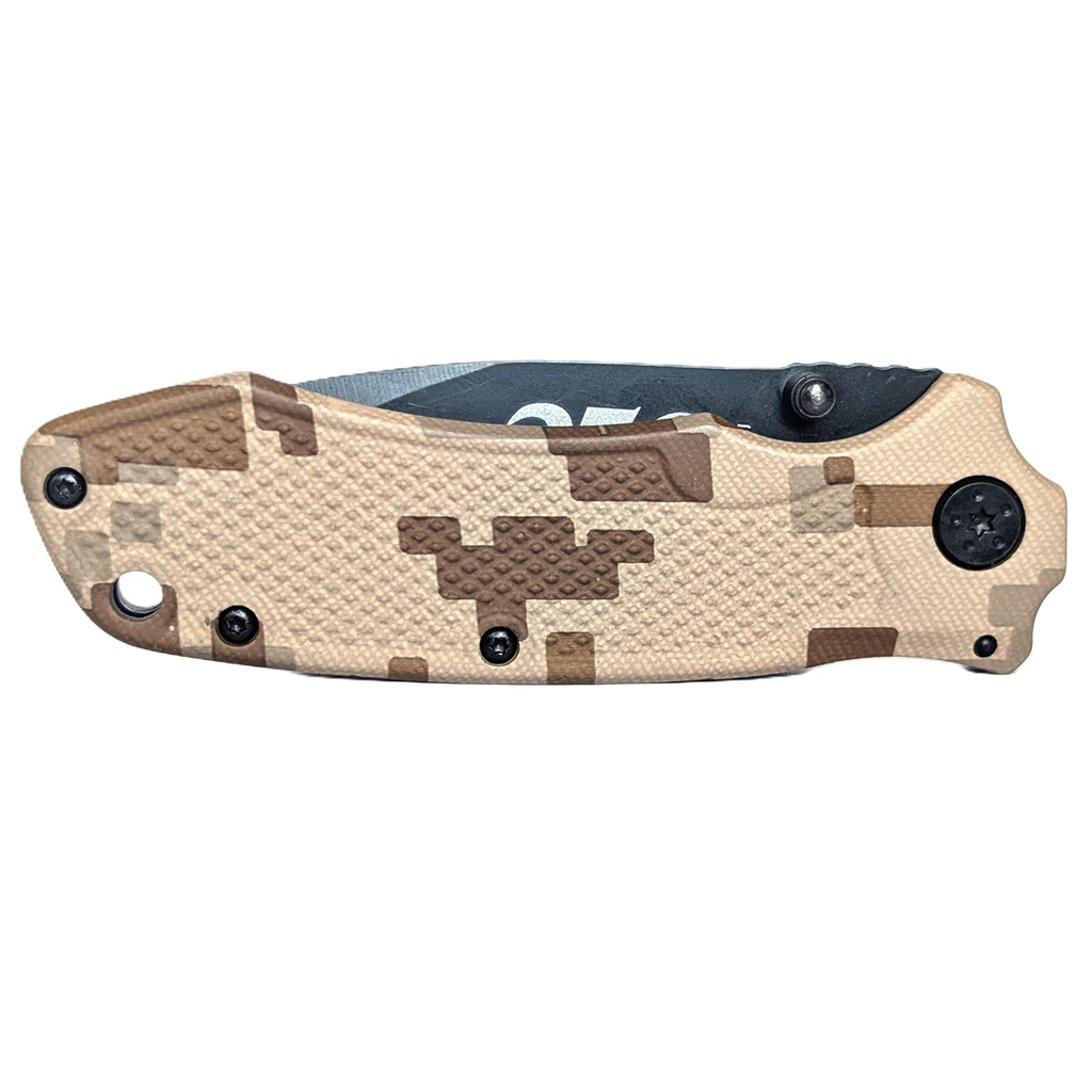 a US Marine Corps 250th anniversary commemorative pocket knife in desert MARPAT with a black blade