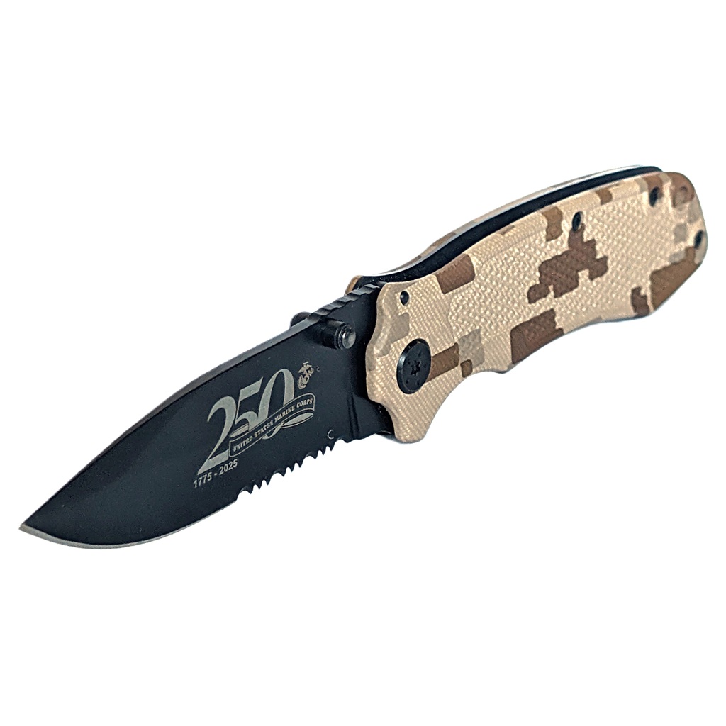 a US Marine Corps 250th anniversary commemorative pocket knife in desert MARPAT with a black blade
