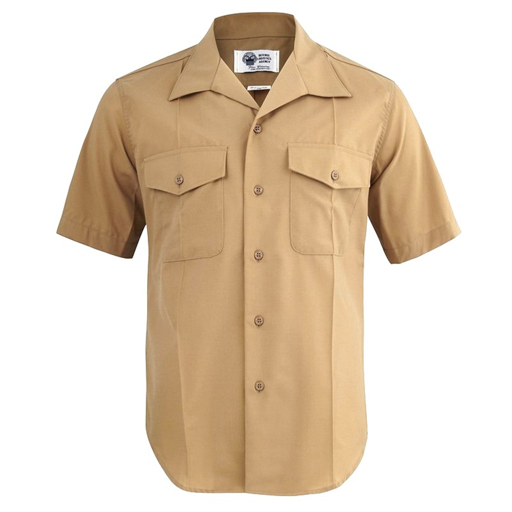 a short sleeve US Marine Corps khaki service uniform dress shirt