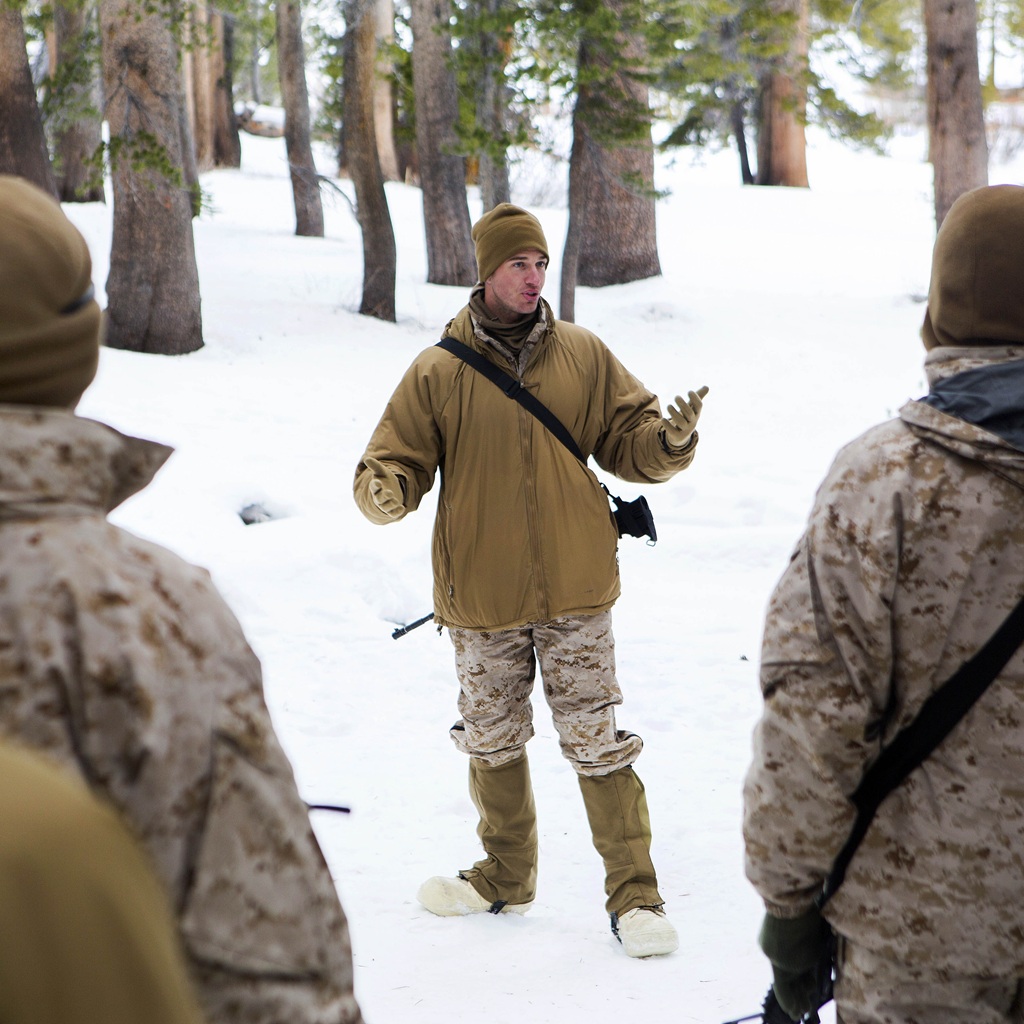 a US Marine Corps coyote brown extreme cold weather jacket, also known as the Happy Jacket