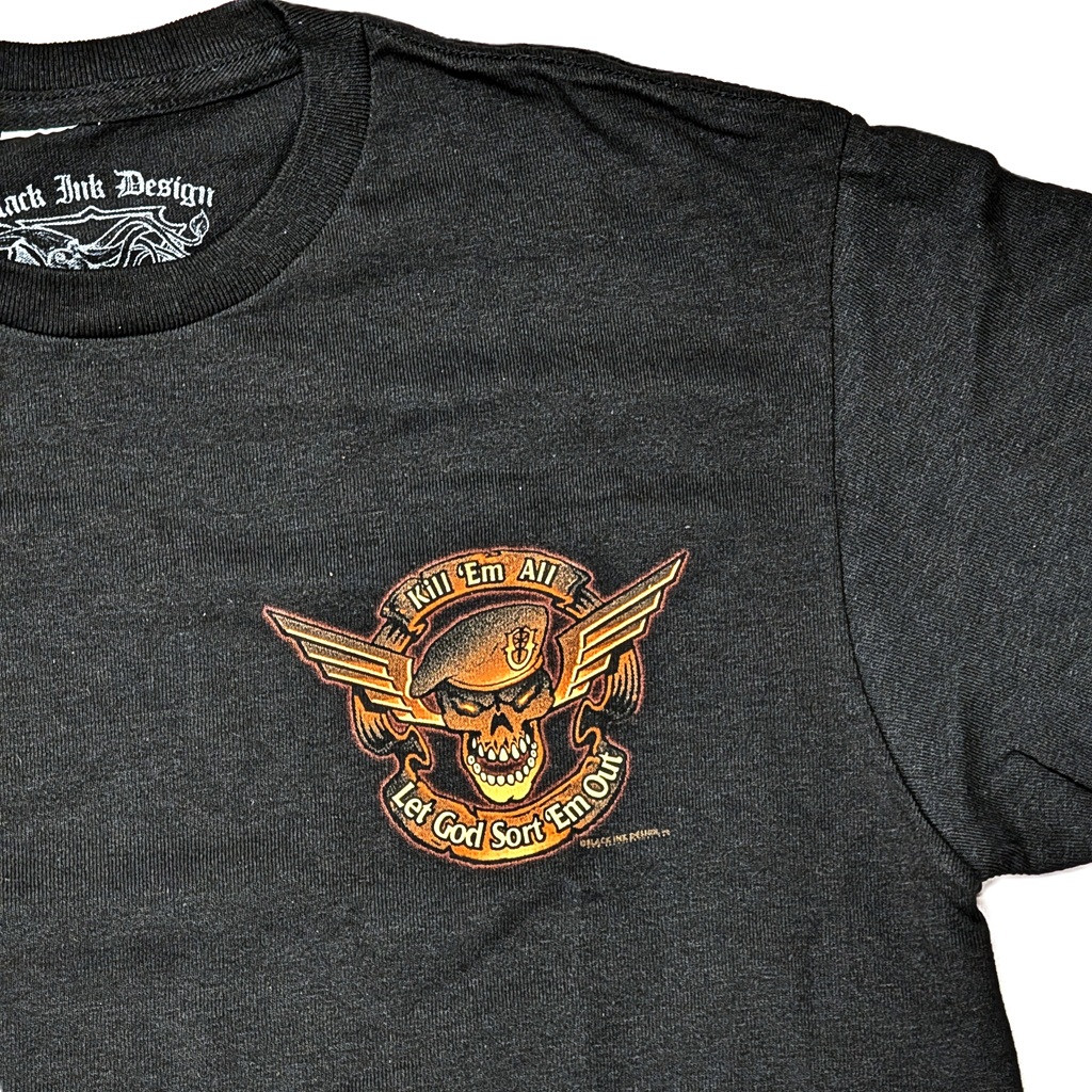 a black crewneck short sleeve men's t-shirt designed for the US Army Special Forces personnel. It has a biker aesthetic.