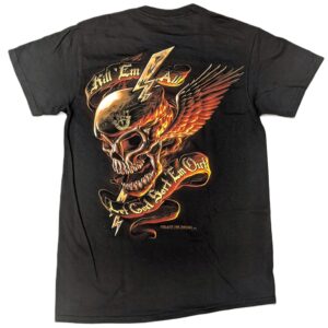 a black crewneck short sleeve men's t-shirt designed for the US Army Special Forces personnel. It has a biker aesthetic.