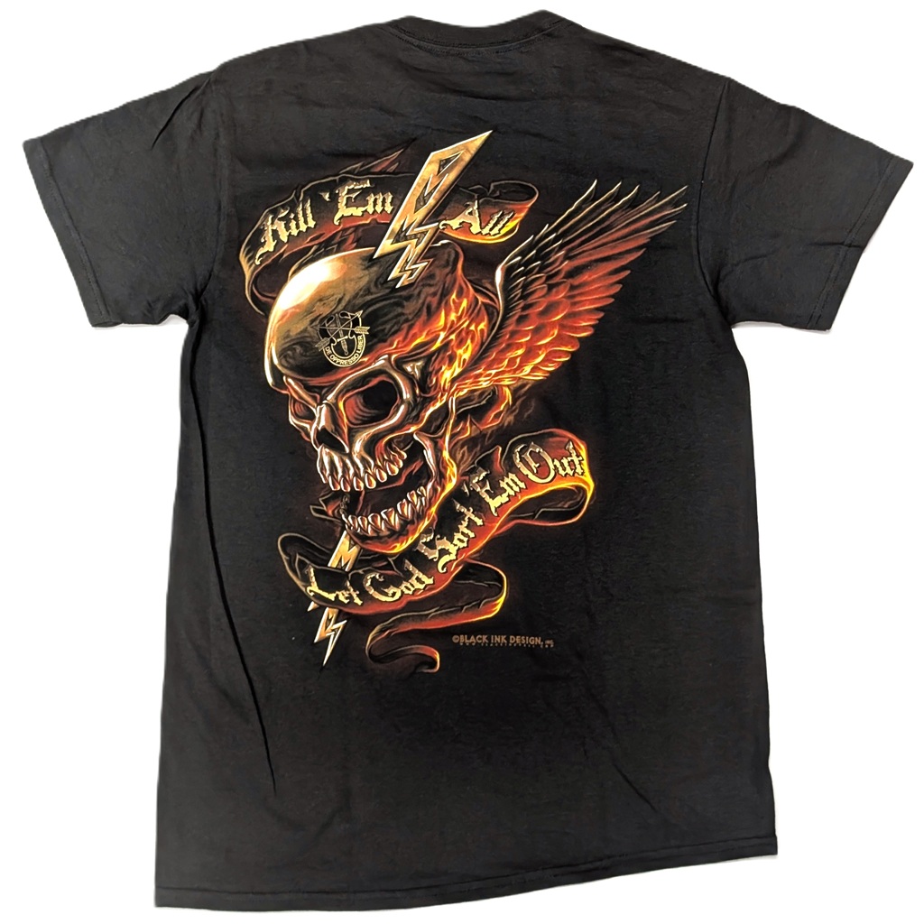 a black crewneck short sleeve men's t-shirt designed for the US Army Special Forces personnel. It has a biker aesthetic.