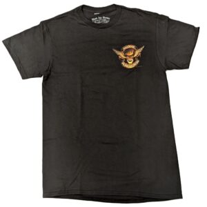 a black crewneck short sleeve men's t-shirt designed for the US Army Special Forces personnel. It has a biker aesthetic.