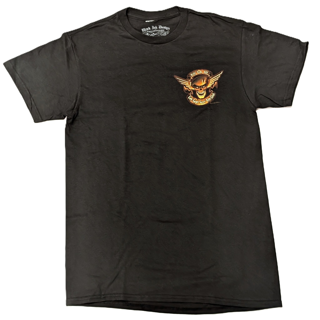 a black crewneck short sleeve men's t-shirt designed for the US Army Special Forces personnel. It has a biker aesthetic.
