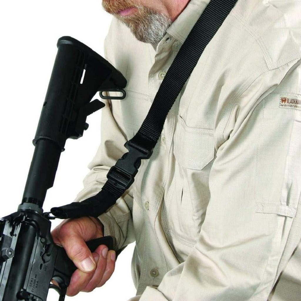 a black Blackhawk Storm Sling QD single point weapons sling