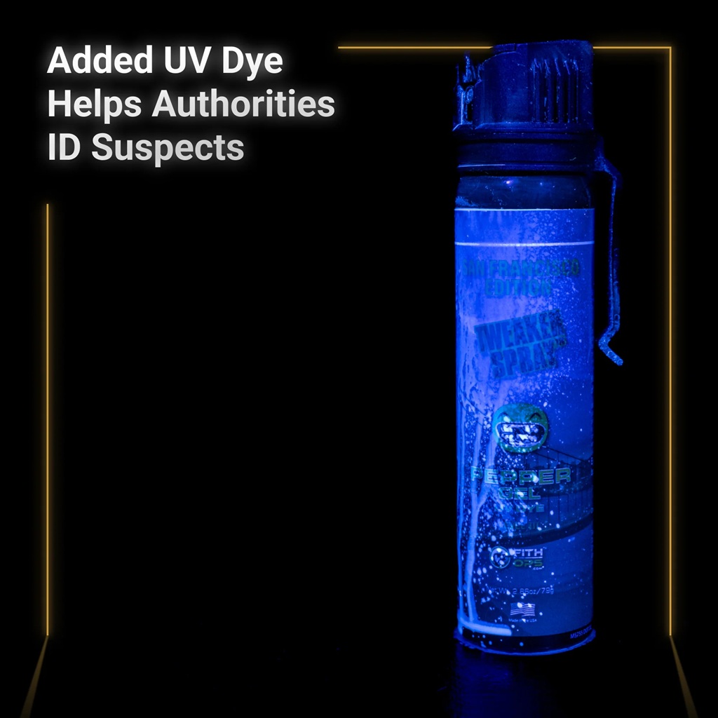 a purple can of San Francisco Tweaker Spray - a type of pepper gel with UV dye