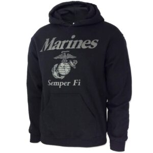 a black Marine Corps hoodie with reflective print: "Marines" "Semper Fi" and an Eagle, Globe, & Anchor