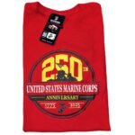 a red USMC 250th anniversary short sleeve t-shirt
