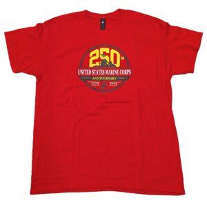 a red USMC 250th anniversary short sleeve t-shirt