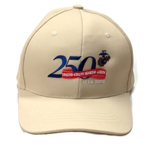 a khaki tan US Marine Corps 250th anniversary commemorative baseball hat