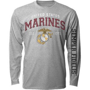 a gray long sleeve US Marine Corps shirt