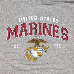an oxford gray US Marine Corps hoodie with a vintage USMC logo