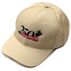 a khaki tan US Marine Corps 250th anniversary commemorative baseball hat