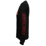 a black US Marine Corps long sleeve shirt with red and gold print and Semper Fidelis printed on the sleeve