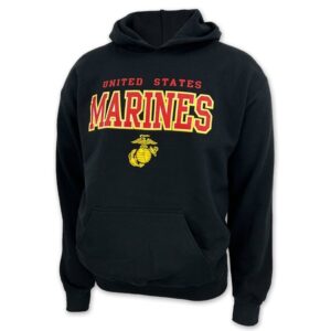 a black US Marine Corps hoodie with red and gold print