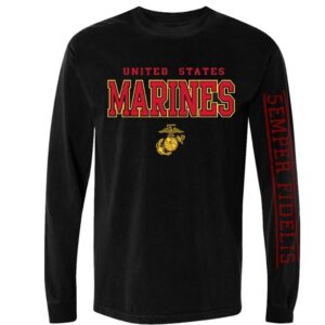a black US Marine Corps long sleeve shirt with red and gold print and Semper Fidelis printed on the sleeve