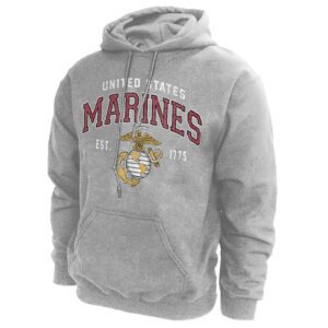 an oxford gray US Marine Corps hoodie with a vintage USMC logo