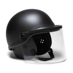 a black police riot helmet with face guard
