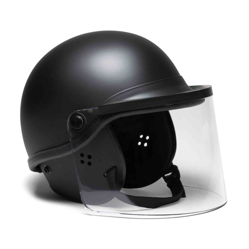 a black police riot helmet with face guard
