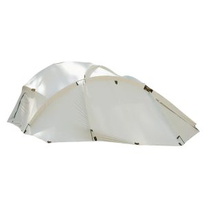 a four-person extreme cold weather combat tent (ECWT) used by the US Marine Corps and other US military branches using the white fly for snow camouflage