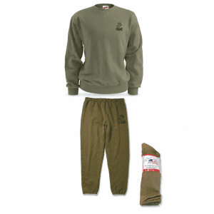 Cold Weather PT Kit with USMC sweatshirt, sweatpants, and coyote brown boot socks
