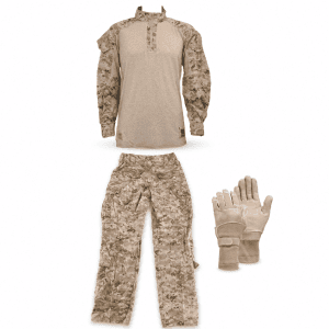 FROG Combat Set with Desert MARPAT combat shirt, trousers, and gloves