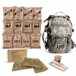 MRE Case Field Pack with 12 meals, trioxane fuel, P-38 opener, and 3-day assault pack