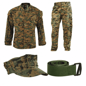 Woodland Utility Essentials bundle with MARPAT blouse, trousers, 8-point cover, and MCMAP belt