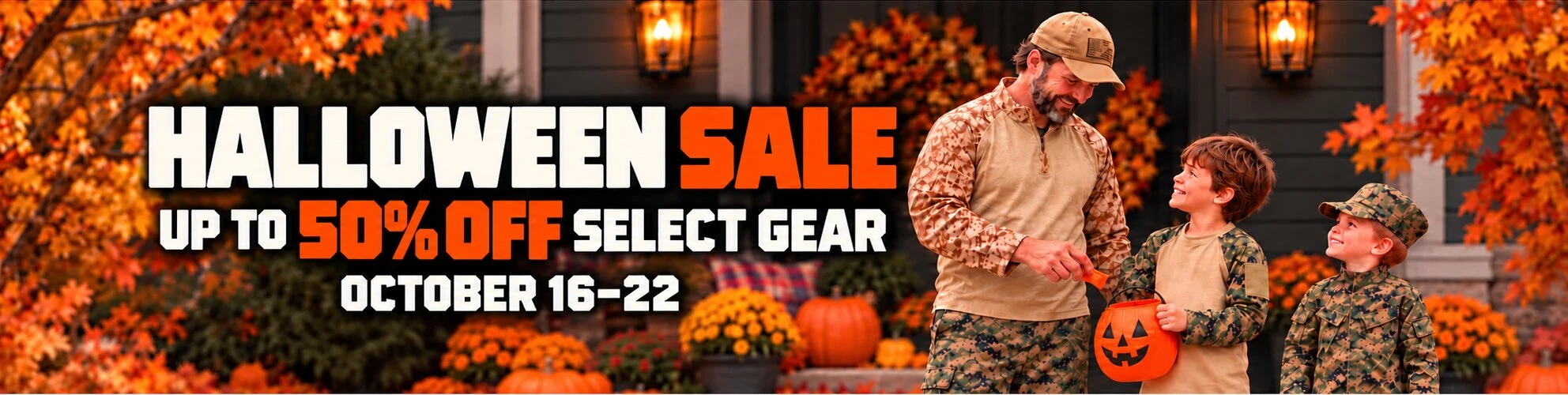 Halloween Sale — up to 50% off select gear, October 16–22. A family wearing camouflage beside pumpkins.